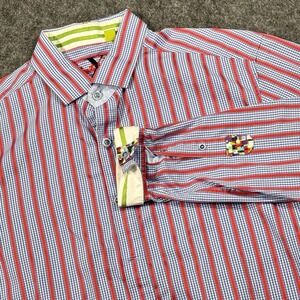 Robert‎ Graham X Button Up Shirt Mens Large Red Blue Striped Checked Long Sleeve